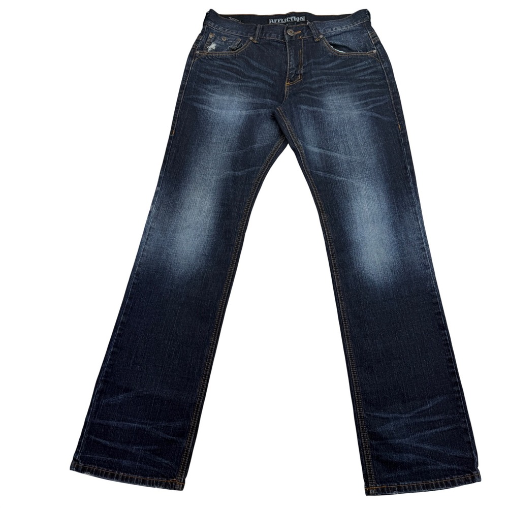 Affliction Ace Jeans Mens 32x34 Dark Wash Straight Leg Distressed Fade